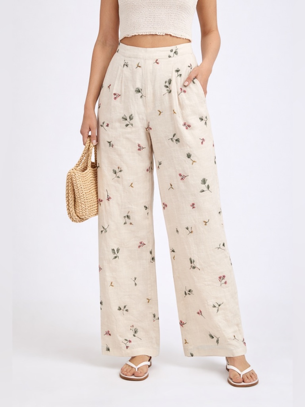 Kourt Sheri Cream Floral Embroidered Wide Leg Pants High Rise 10